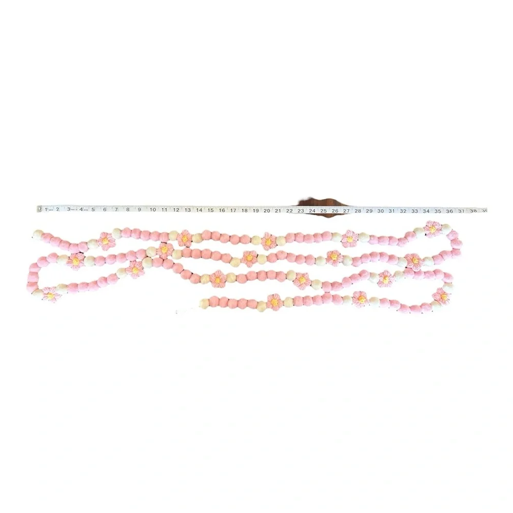 11 ft Valentine's Day Light Pink Cream & Floral Pom Pom Garland Handmade on Wire